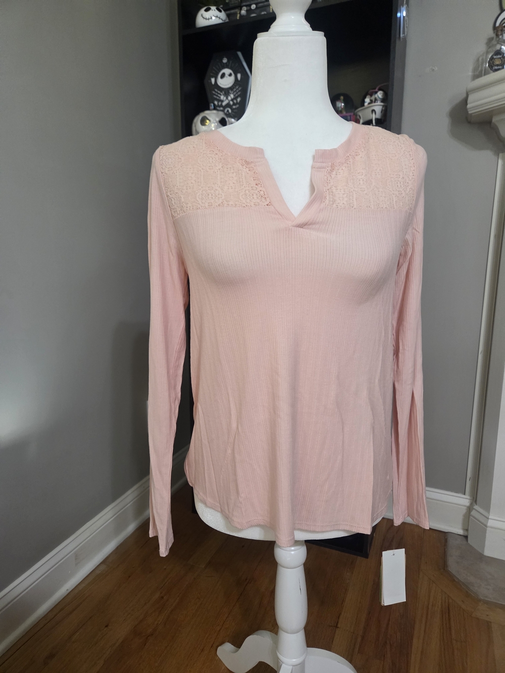 Copper Key Lace-Yoke Long Sleeve Top - Blush Pink